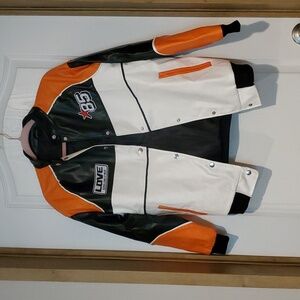 Helium Moto wear orange white and black faux leather varsity racer jacket
